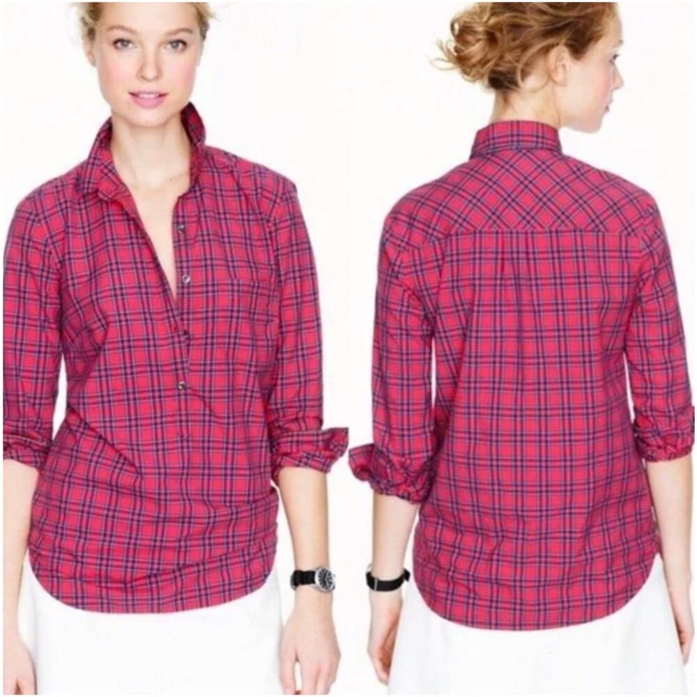 J. Crew Tartan Plaid Cotton Collared Popover Top Blouse In Red Size 0